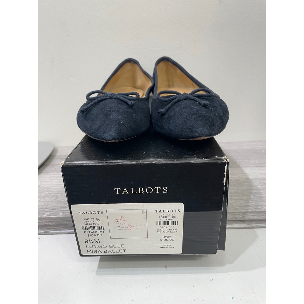 Talbots Mira Ballet Flats Indigo Blue Suede Pointed Toe Bow Shoes Womens 9.5M